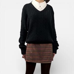 Vintage Ralph Lauren Black Cable Knit V Neck Sweater Sz Medium